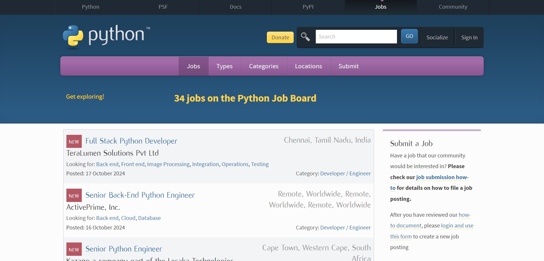 Python.org Jobs screenshot